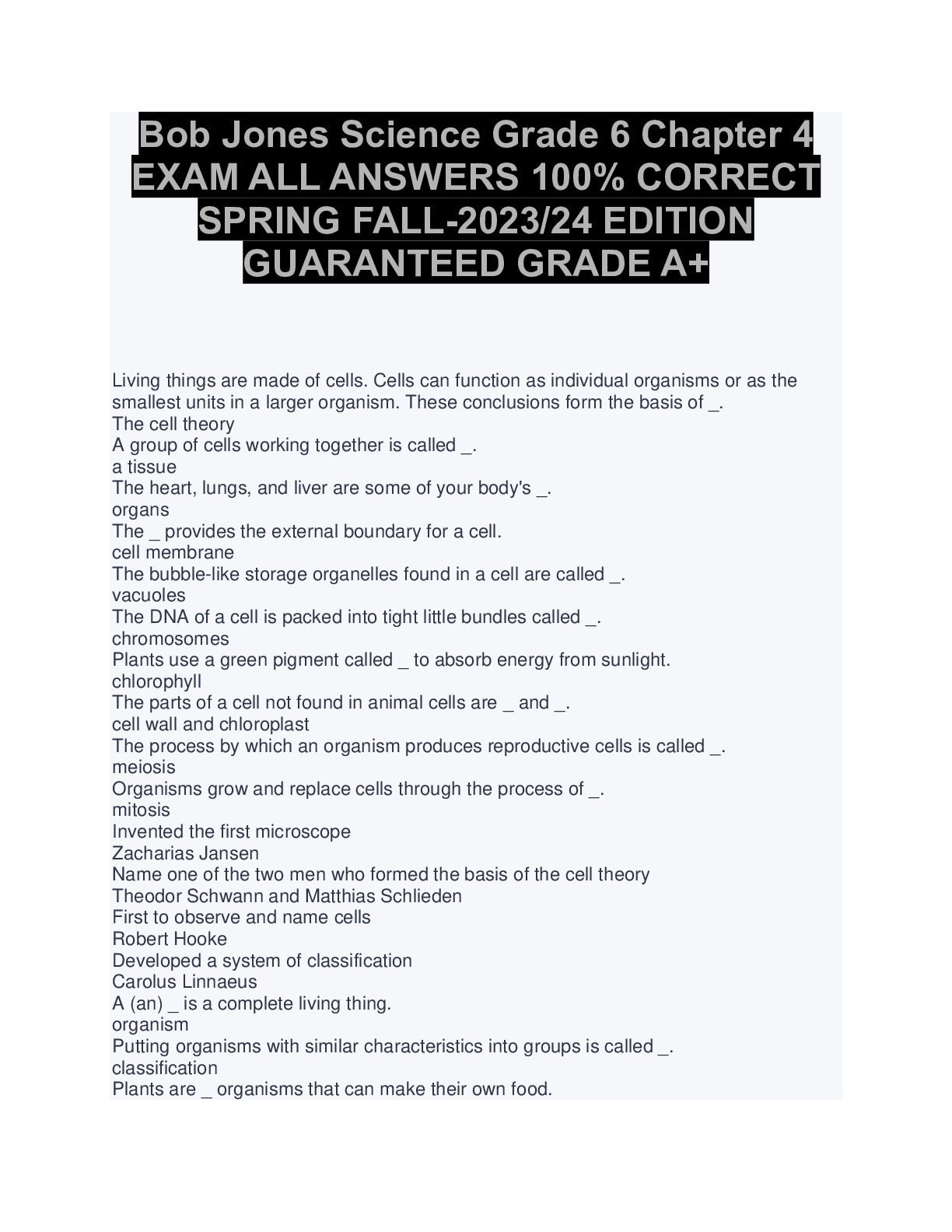 Bob Jones Science Grade 6 Chapter 4 EXAM ALL ANSWERS 100 CORRECT